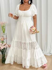 SHEIN EZwear Đầm thanh lịch cổ vuông tay ngắn thắt eo khoét rỗng thêu dành cho nữ cỡ lớn - trắng - Xem 4