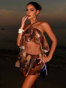 Sirith 女士扎染印花荷叶边露背吊带迷你连衣裙，性感度假风，适合夏季海滩穿着 - 彩色 - 查看 5