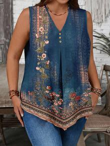 EMERY ROSE Plus Size V-Neck Sleeveless Shirt, Suitable For Summer - Blue - View 7