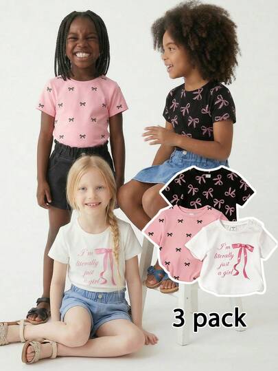 Maija Kids Maija Kids 3 件套年轻女孩休闲圆领短袖 T 恤，带可爱蝴蝶结印花，黑色/白色/粉色，适合夏季