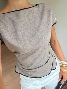 Siren Gaze Women's New Fashion Commuter Style Waist Ruched Asymmetric Hem Short Sleeve Pullover Blouse, Elegant Ladies Shirt Ruched Waist Top,Summer Top - Apricot - View 6
