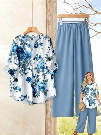 EMERY ROSE Plus Size Floral Print Shirt And Pants 2 Pieces Set