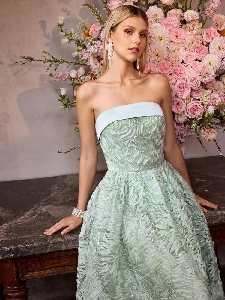 MOTF Soiréza ELEGANT MINT GREEN STRAPLESS SLEEVELESS MIDI PARTY DRESS – SATIN-PANELED 3D WAVE JACQUARD WITH WAIST-CINCHING BODICE, FORM-FITTING SILHOUETTE & A-LINE PROM DRESS | IDEAL FOR FORMAL PARTIES, WEDDING,GALAS, NEW YEAR'S EVE & FORMAL EVENTS