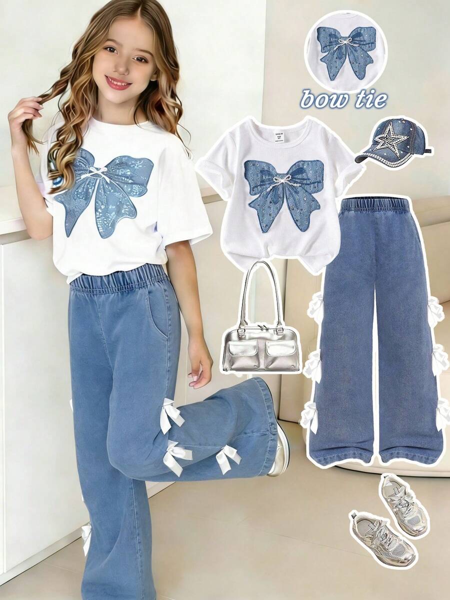SHEIN ChillGRL Tween Girls Cute White Summer School Outfit,Fitted Round Neck Short Sleeve Tee With Big Bow Graphic & Long Denim Pants With Side Bows,Fashionable Set - Blue and White - View 1