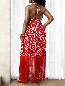 BamGleam Women's Colorblock Print Fringe Hem Boho Red And White Sun Dress,Summer Holiday Outfit,African Tassel Fashion Clothes For Vacation,Holiday - Red - View 2