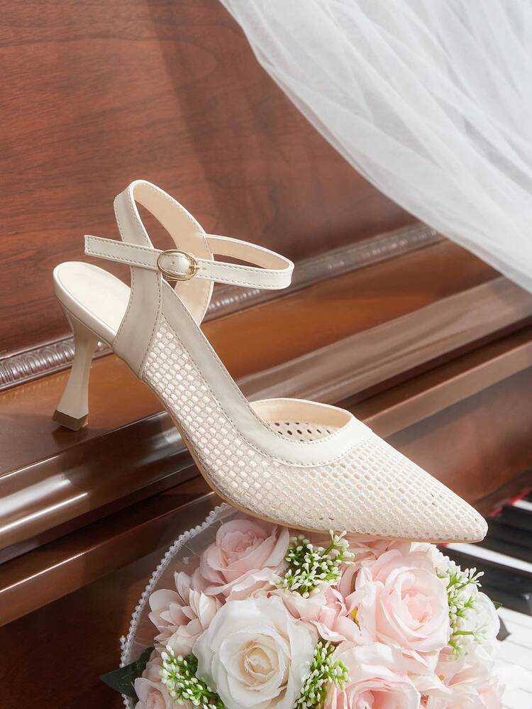 CUCCOO HITCHD WomenShoes Spring And Summer New Stiletto High Heel Romantic Elegant White Glitter Mesh Flower Women's High Heel Single Shoes Dress Shoes Bridal Shoes