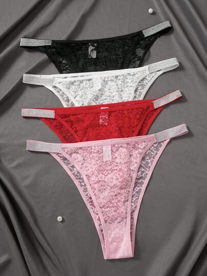 SHEIN 4pcs/Pack Plus Size Women Lace Trim Briefs