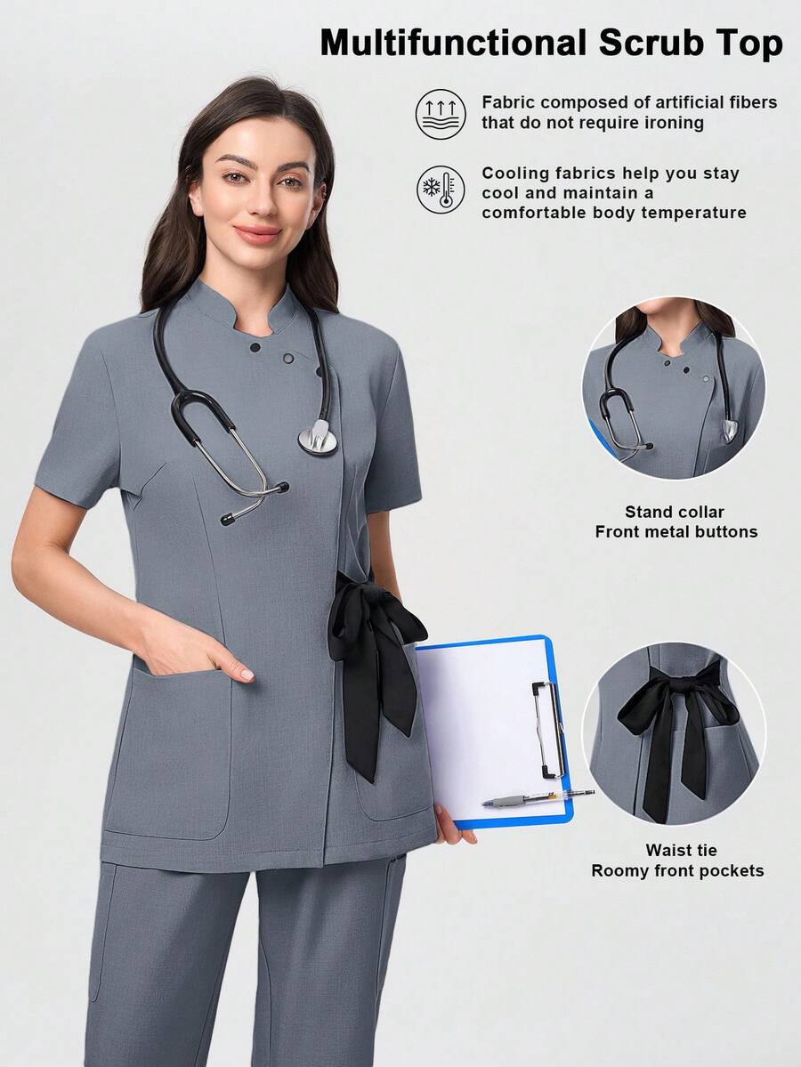Scrubzie 女士防皱立领长款撞色领带护士服上衣 - 灰色 - 查看 1