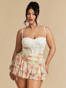 SHEIN BAE Jupe à volants à fleurs jaunes pour grandes tailles - Jaune citron - Voir 7
