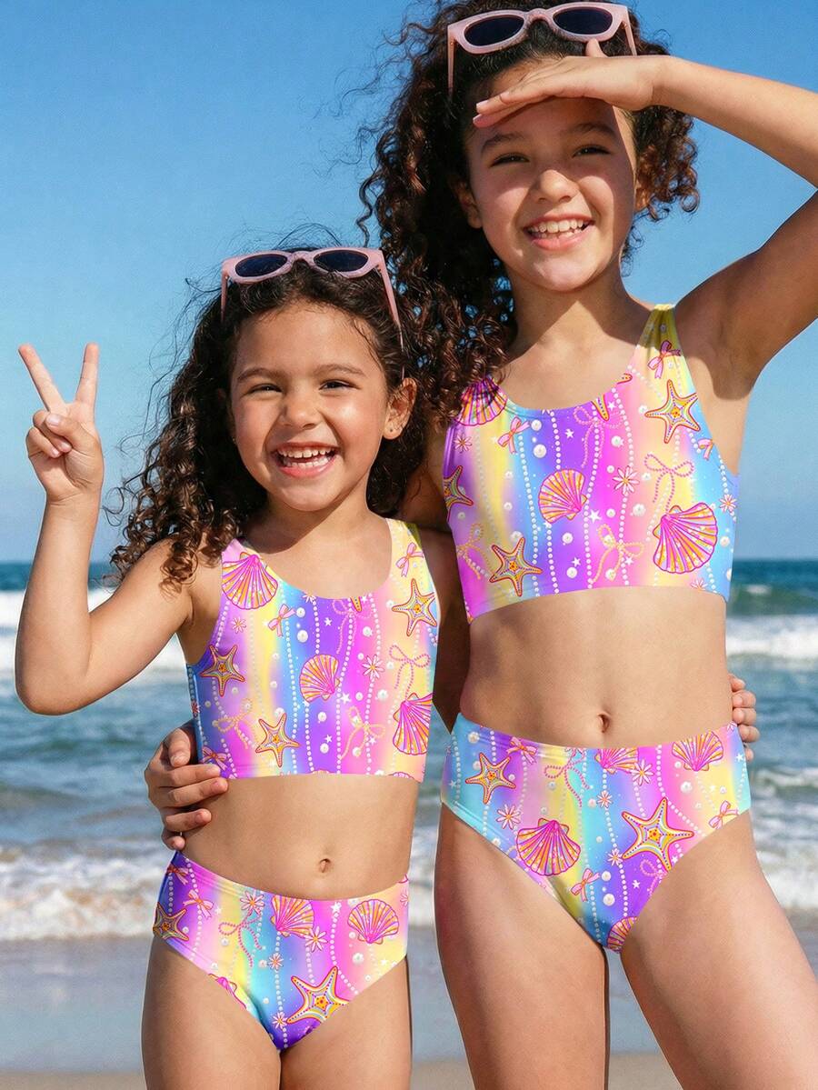 Bộ đồ bơi tankini tối giản, phong cách thường ngày, nhiều màu sắc, in hình cầu vồng, đại dương, sao biển, vỏ sò và ngọc trai, thích hợp cho mùa hè. - Nhiều màu - Xem 1