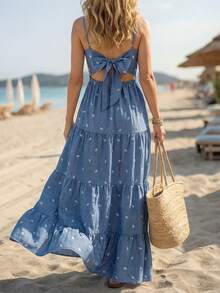 Franclia 夏季波西米亚风度假吊带连衣裙，蝴蝶结系带，多层竹纤维质感碎花飘逸长裙，女士度假长裙 - 藍色 - 查看 2
