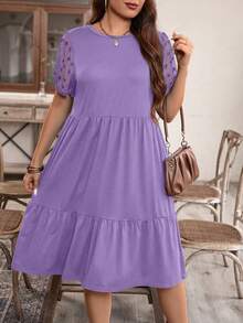 EMERY ROSE Plus Size Women Summer Casual Vacation Solid Color Patchwork Petal Sleeve Cinched Waist Midi Dress - Purple - View 4