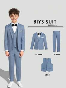 SHEIN 3pcs Tween Boy Solid Color Minimalist Design Suit Set: Jacket + Pants + Vest, No Accessories, Suitable For Birthday Party, Wedding, Prom, Graduation - Blue - View 2
