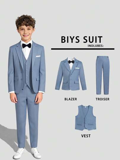 SHEIN Bộ đồ 3 món cho bé trai tuổi teen, màu trơn, thiết kế tối giản: Áo khoác + Quần + Áo gile, không kèm phụ kiện, thích hợp cho tiệc sinh nhật, đám cưới, dạ hội, lễ tốt nghiệp.