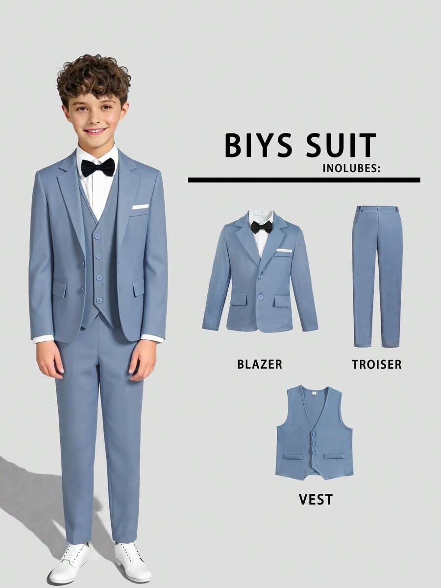 SHEIN 3pcs Tween Boy Solid Color Minimalist Design Suit Set: Jacket + Pants + Vest, No Accessories, Suitable For Birthday Party, Wedding, Prom, Graduation