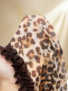 Amplova Women's Leopard Print Vintage Sexy Sheer Low-Cut Jumpsuit With Ruffle Hem, Suitable For Spring/Summer Vacation Boho Chic Daring Style, Brown Leopard Print Jumpsuit - Brown - View 8