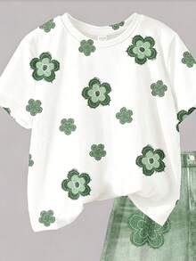 Vintage Floral Graphic Tween Girl Casual Crew Neck Short Sleeve T-Shirt And Shorts 2-Piece Set, Suitable For Spring/Summer Daily, Home, School Wear - Multicolor - View 6