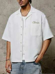 PAVTROS 男士纯色领宽松刺绣街头风短袖衬衫 - 白色 - 查看 3