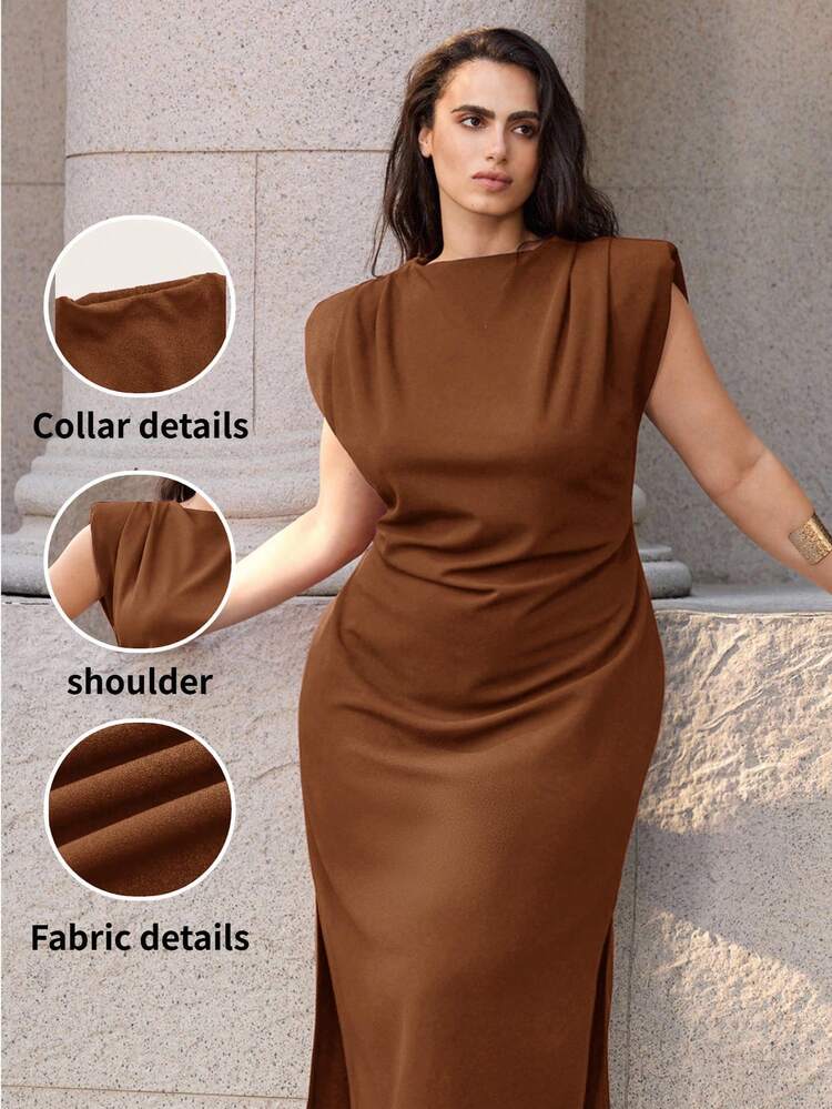 SHEIN Maija Plus Size Women Solid Color Pleated Shoulder Pad Elegant Dress