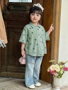 SHEIN Little Byeori 女童休闲舒适条纹领开襟宽松短袖镂空后背梭织衬衫 - 綠色 - 查看 2