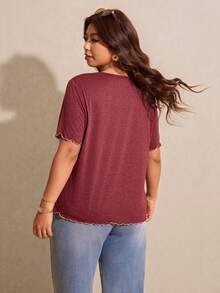 Elaquor Camiseta casual holgada de mujer talla grande con cuello redondo y manga corta de un solo abotonado - Burdeos - Ver 2