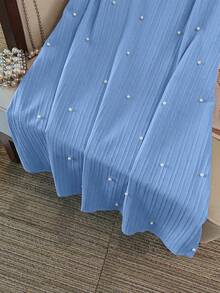 GlowEve CURVE Plus Size Women's Ruffled Collar Pearl Beaded Double-Layer Cap Sleeve Loose Dress, Textured Elegant Sweet Dress For Spring/Summer - Blue - View 8