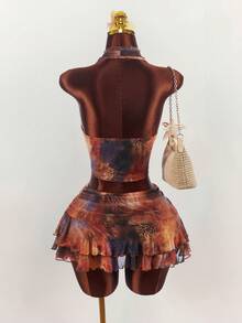 Amplova Bộ đồ 2 mảnh dành cho nữ, họa tiết da báo, gợi cảm, phong cách avant-garde, nhuộm tie-dye, gồm áo cổ chữ V sâu, không tay và chân váy mini xếp ly cạp siêu thấp. - Nhiều màu - Xem 10