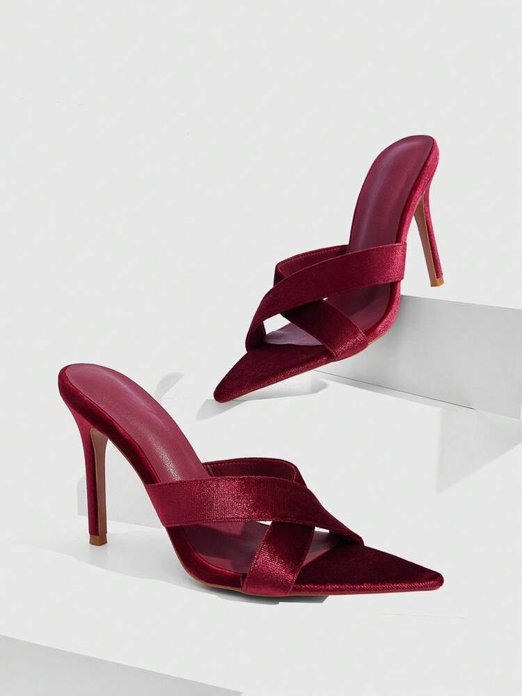 CUCCOO SZL Women Shoes Burgundy Velvet Cross Strap Fashion Sexy Pointed Stiletto Sandals