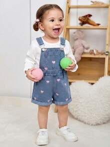 Baby Girl Heart Embroidery Pocket Casual Versatile Daily Wear Denim Bib Shorts - Medium Wash - View 3