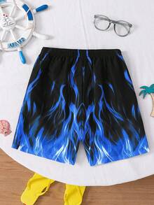 SHEIN Tween Boy Casual Street Flame Pattern Swim Trunks, Swimwear For Beach, Swimming, Surfing - Royal Blue - View 3