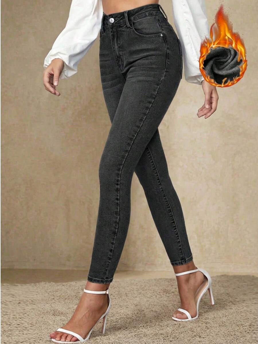 SHEIN Frenchy 女式休闲保暖内衬紧身牛仔裤 - 黑色 - 查看 1