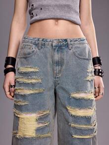 ROMWE Vintage Sexy Distressed Ripped Baggy Frayed Low Waist Extra Loose 3/4 Length Jeans Swimming Pastal Summer - Blue - View 3