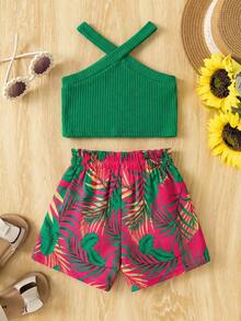 SHEIN Bộ đồ mùa hè cho bé gái gồm áo hai dây dệt kim màu trơn và quần short in hoa. - Nhiều màu - Xem 2