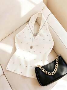 Qadelle Women's Summer Casual Rhinestone Decor Halter Neck Sleeveless Top - White - View 3