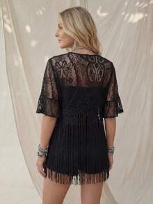 Wildy 美式休闲西部乡村蕾丝流苏音乐节女式夏季基础款日常通勤短袖上衣 - 黑色 - 查看 2