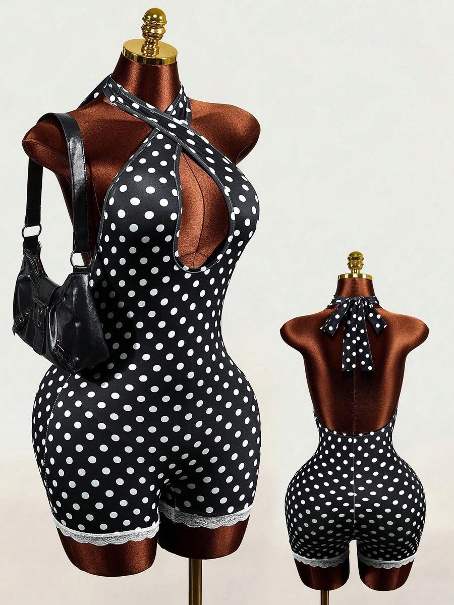 Mistrie 2026 New Summer Style Women's Black And White Polka Dot Suspender Halter Jumpsuit, Sexy Tight 2K Retro Polka Dot Print, Cute Lace Stitching Details Retro, Women's Jumpsuit Sexy Women's Jumpsuit Vacation Bohemian Sexy Solid Color Plaid Striped Casual Wear - Black - View 1