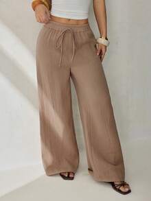 SHEIN PETITE Women's Plain Trousers, Fashionable For Summer Winter Brown Casual Spring - Khaki - View 6