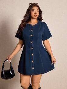 Elaquor Plus Size Women Single-Breasted Ruched Fashionable Date Denim Dress - Light Wash - View 3