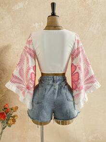 Soleia Casual Vacation Tie-Front Flare Sleeve Ruffle Cuff Leopard Print Shirt,Pink Top - Pink - View 5