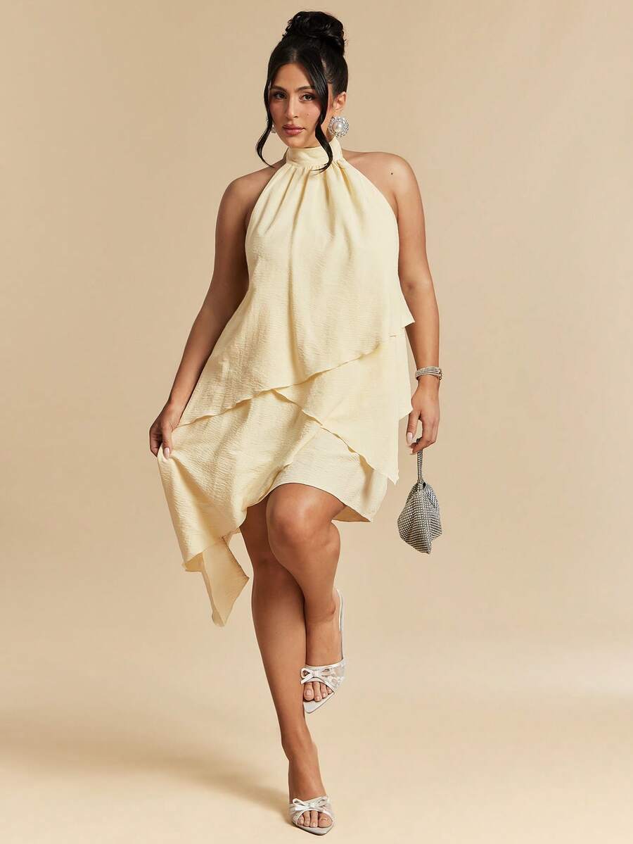SHEIN BAE Plus Size Yellow Satin Halter Backless A-Line Dress,Elegant Wedding Guest Summer Outfit,Solid Color Asymmetrical Ruffle Peplum Formal Party Dress