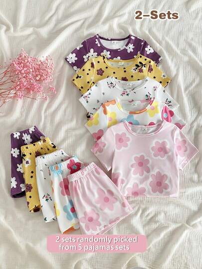 5套随机，内含2套，夏季轻薄女童睡衣套装，碎花图案，柔软舒适弹力面料，短袖短裤四件套睡衣