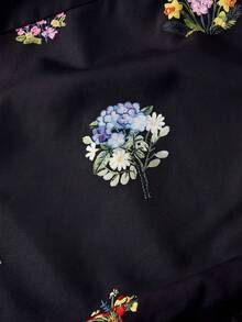 SHEIN MOD 白色花卉印花花瓣袖胸前镂空腰部褶皱中长连衣裙 - 黑色 - 查看 5