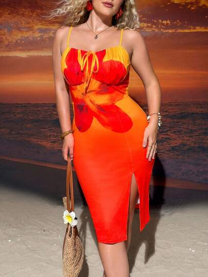Hourglow Đầm slip dự tiệc cỡ lớn dành cho nữ, in hoa, thanh lịch, thắt eo.