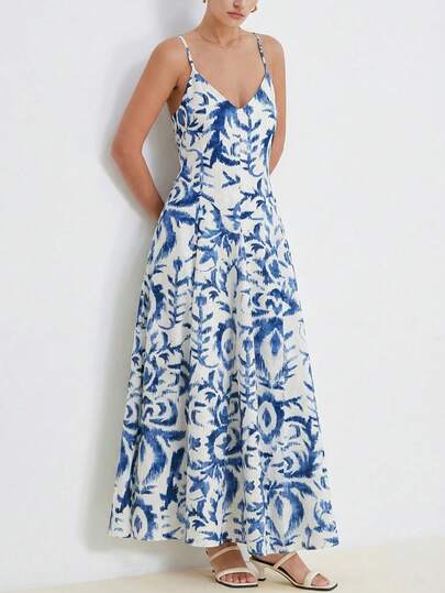 Aveloria Modichic White Base Vintage Resort Bamboo Knot Linen-Like Sheer Lightweight All-Over Print Slip Dress, Elaborate Flared Skirt Design, Romantic Hem, Refined Printing Craft, Bohemian Natural Style, Suitable For Summer Vacation, Beach, Party, Picnic, Casual Outing