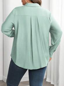 Nuevo 2026 Camisa casual de manga larga de un solo pecho con bolsillo para mujer de talla grande de unicolor - Agua verde azul - Ver 7