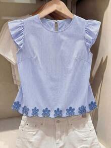 SHEIN Frenchy 大码女式舒适小喇叭袖刺绣下摆衬衫，白色休闲衬衫，适合通勤、约会、度假，春夏新品 - 藍白色 - 查看 8