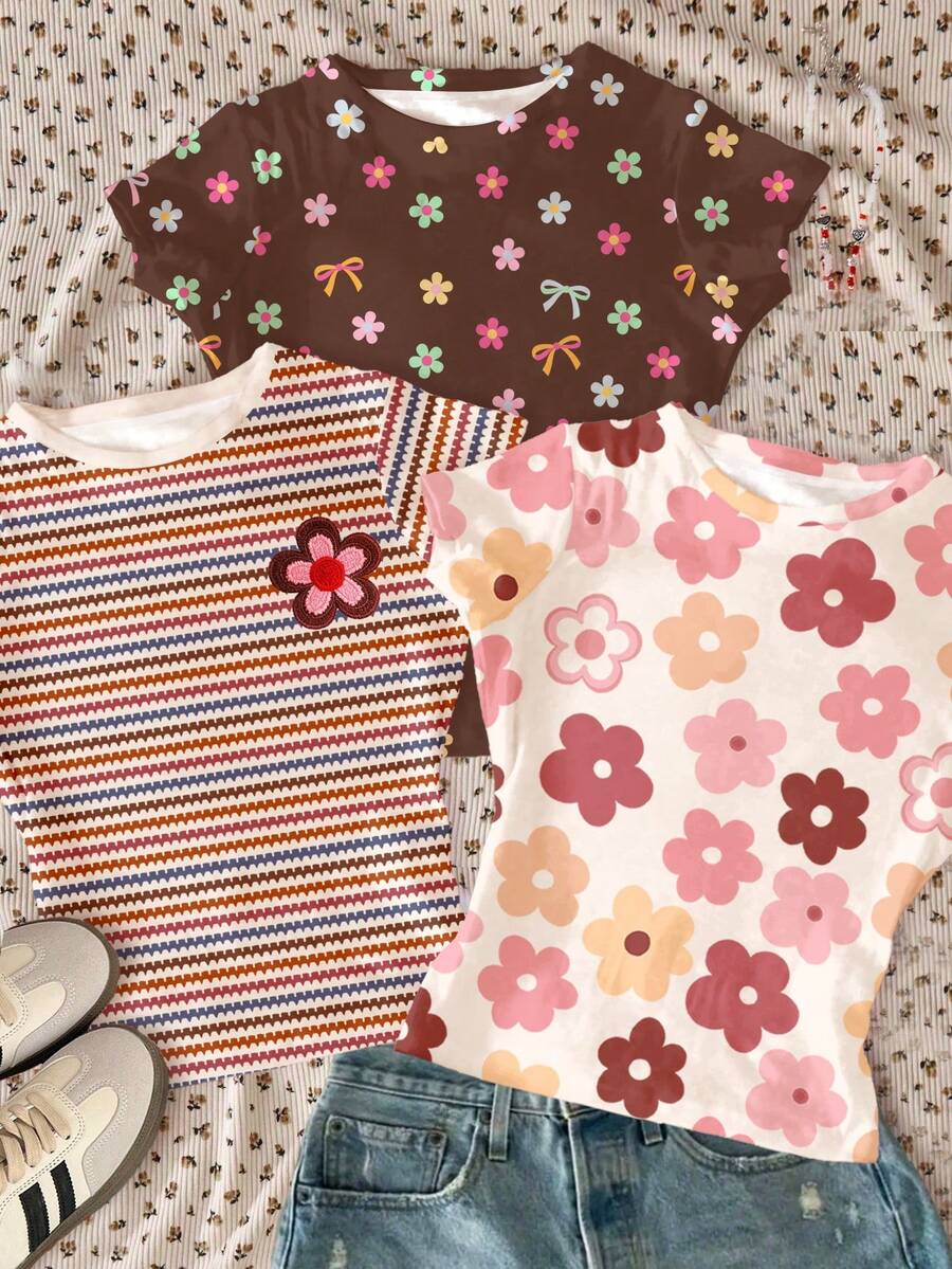 3pcs/Set Tween Girls Casual T-Shirts,Brown And White Polka Dot,Summer,Cute,School,Back-To-School,Floral Striped Round Neck Short Sleeve Basic Tops - Multicolor - View 1