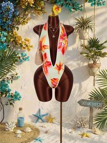 Amplova Áo liền thân nữ gợi cảm in hoa, cổ chữ V khoét sâu, hở lưng, thích hợp cho kỳ nghỉ hè. - Màu vàng - Xem 7