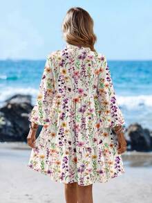 Sylviya Casual Minimalist Watercolor Floral Print Short Dress, Suitable For Summer, Vacation, Retro Style - Multicolor - View 2