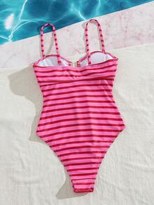 Swim Lushoire Áo tắm liền thân cổ chữ U kẻ sọc mới dành cho nữ - Màu Hồng Tươi - Xem 6